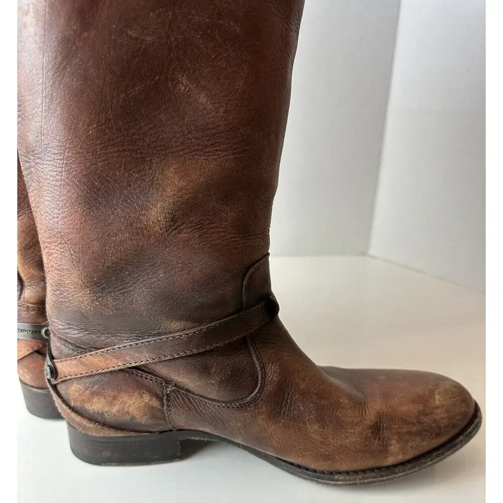 FRYE Lindsay Plate Distressed Leather Tall Riding Boots 76975 Brown Size 7 B - Picture 10 of 16